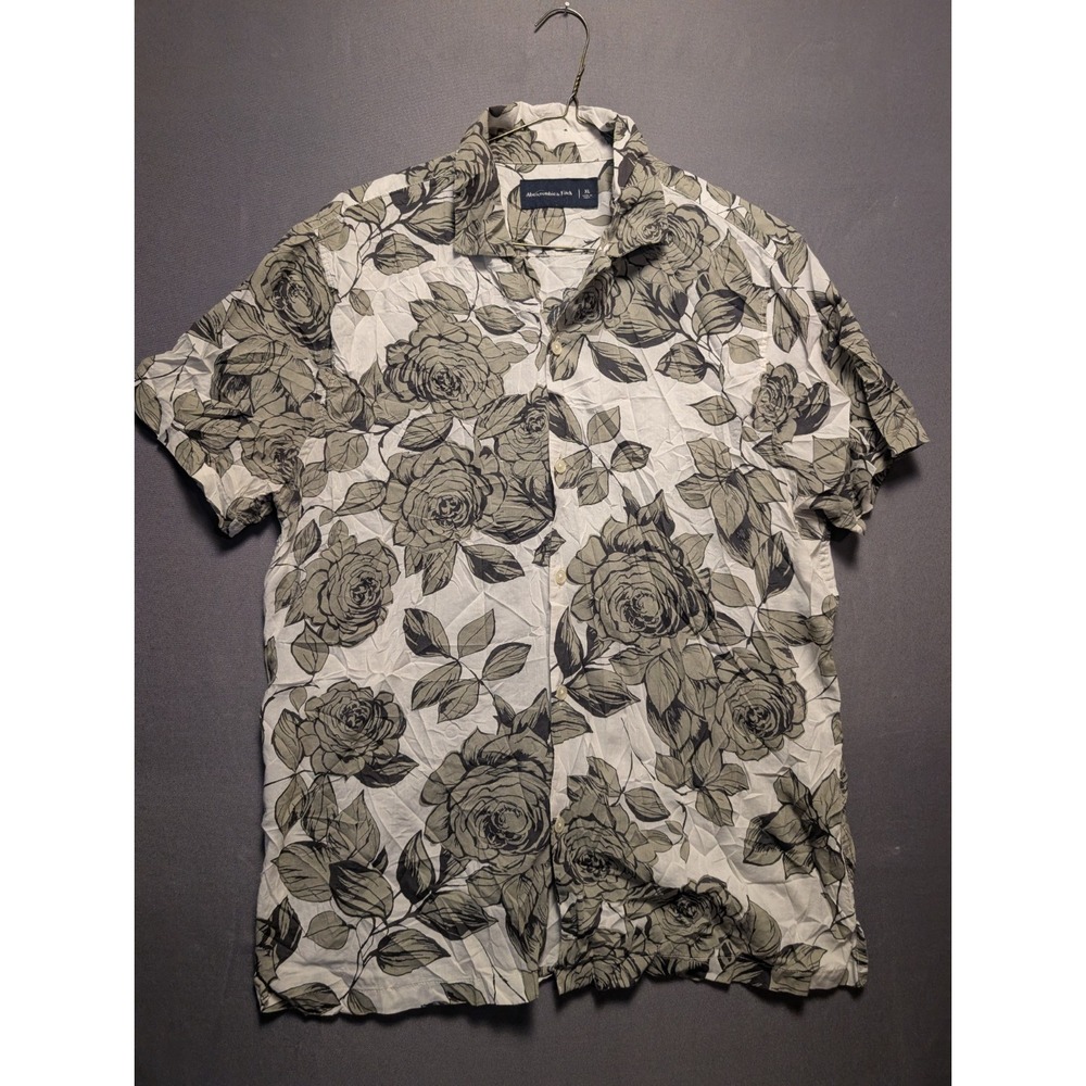 Abercrombie & Fitch Hawaiian Shirt Mens XL Cream Olive Floral Beach Button Up